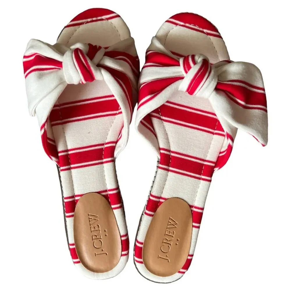J.Crew Red Ivory Stripe Print Knot Slide Sandals, US7.5